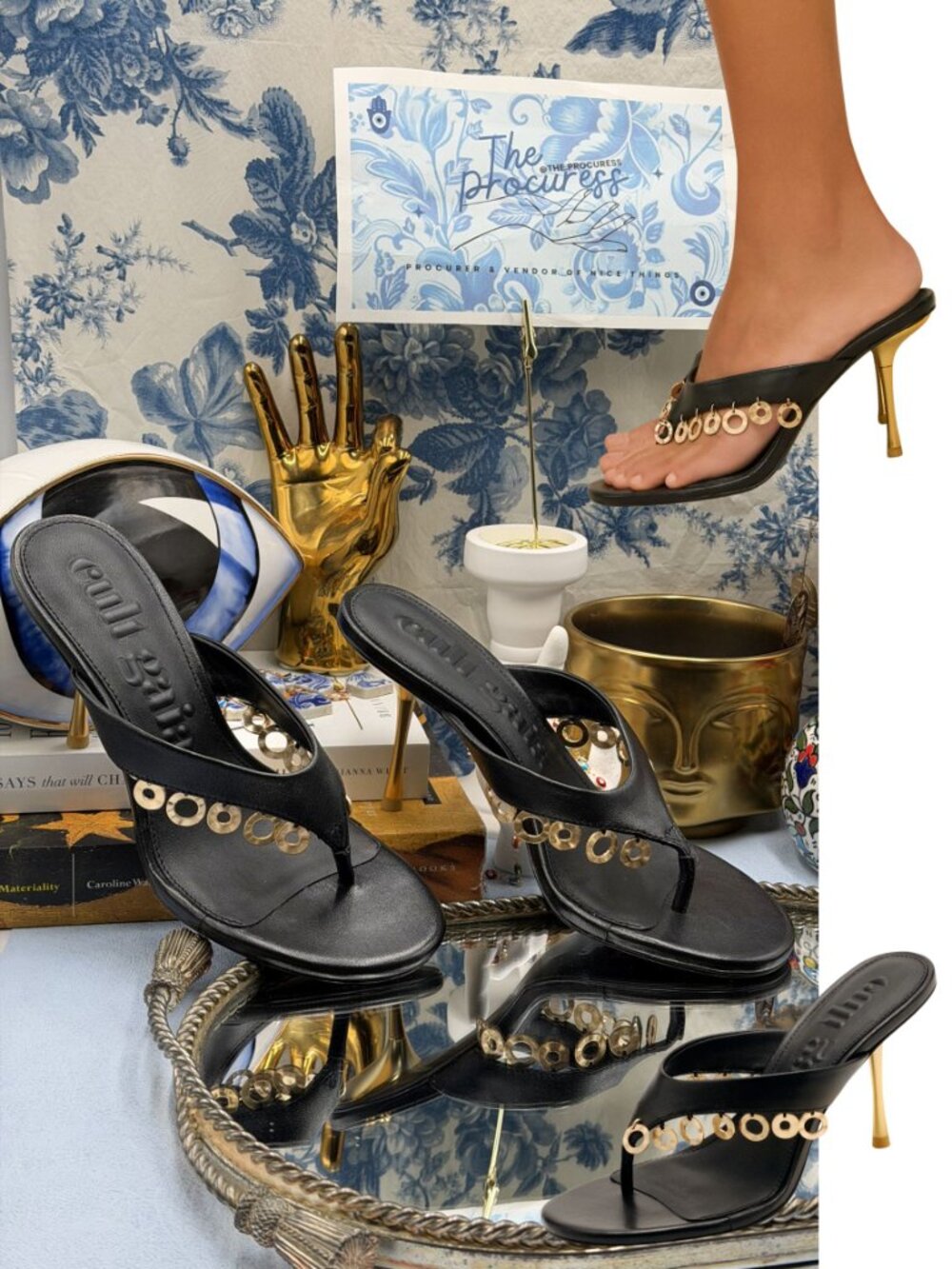 🆕 CULT GAIA 🧿 NWOB Stella High Heel Thong Sandal, Black w Gold - Sz 37 US7